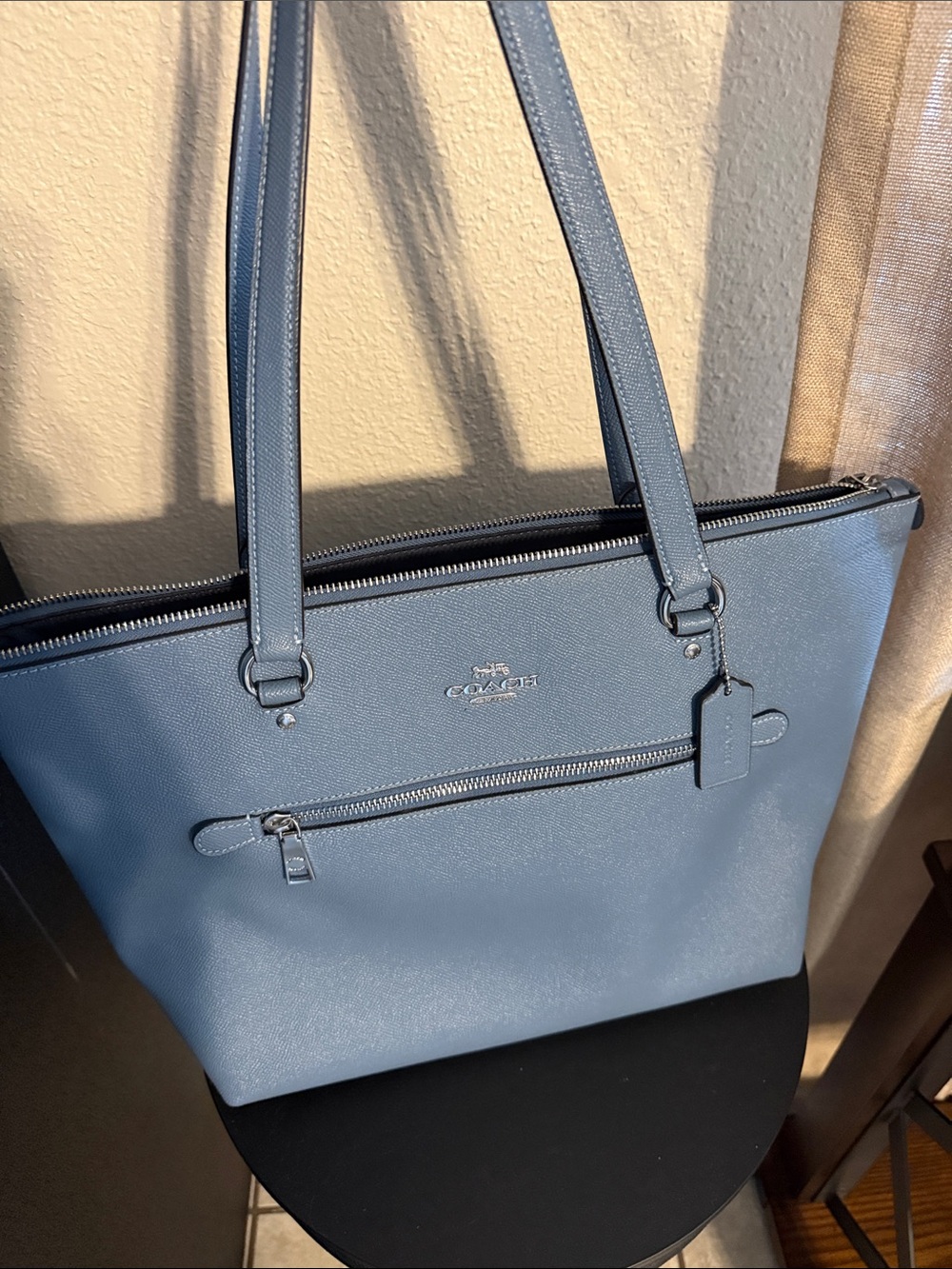 Coach Dusty Blue Leather Zip-Top Tote with Front Pocket